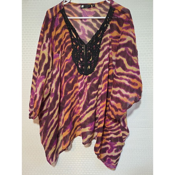 Carole Little Women 2X Black Crochet Neckline, Tie Dyed Purple, Sheer Colorful - Picture 1 of 14
